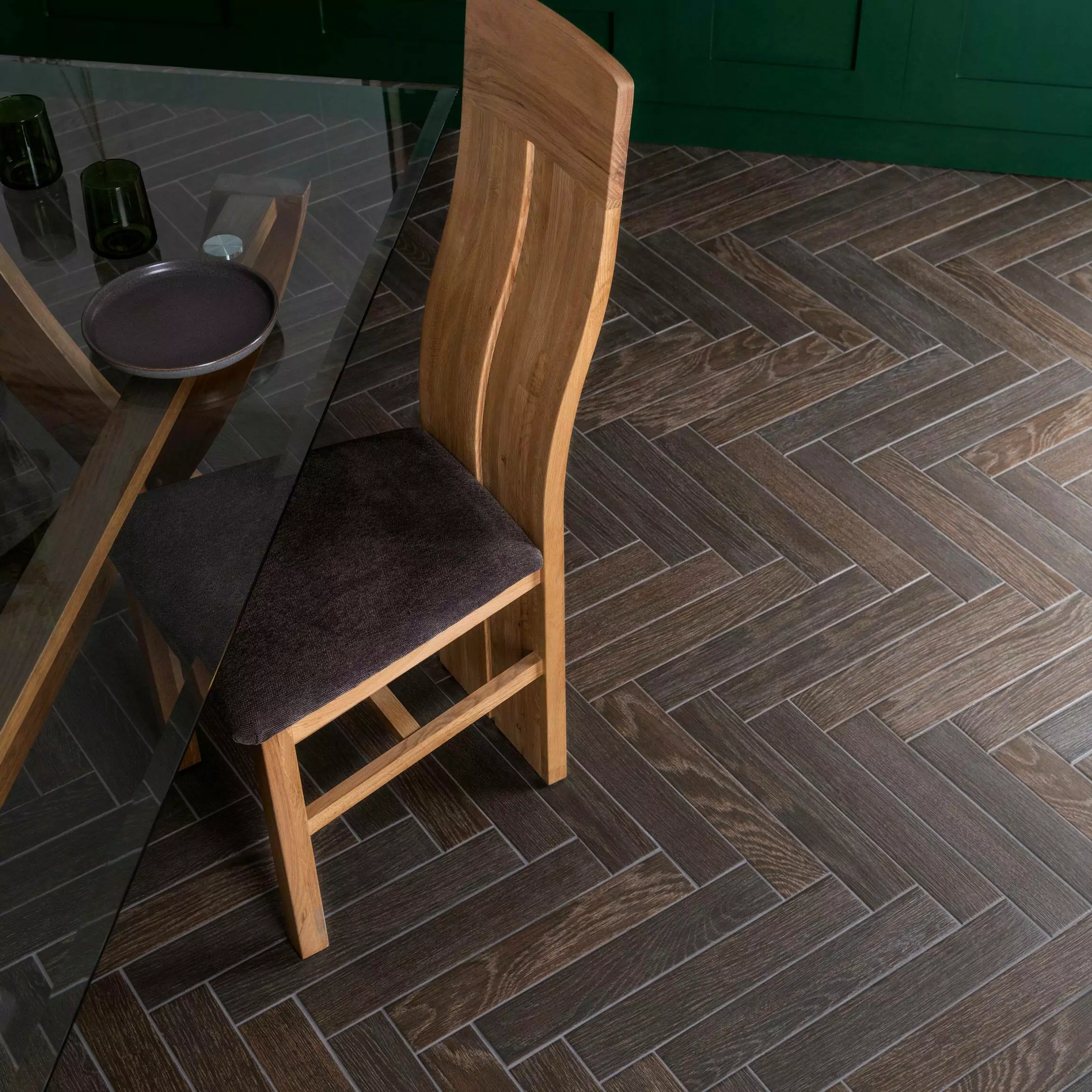 Herringbone Dark Wood Effect Porcelain Tiles