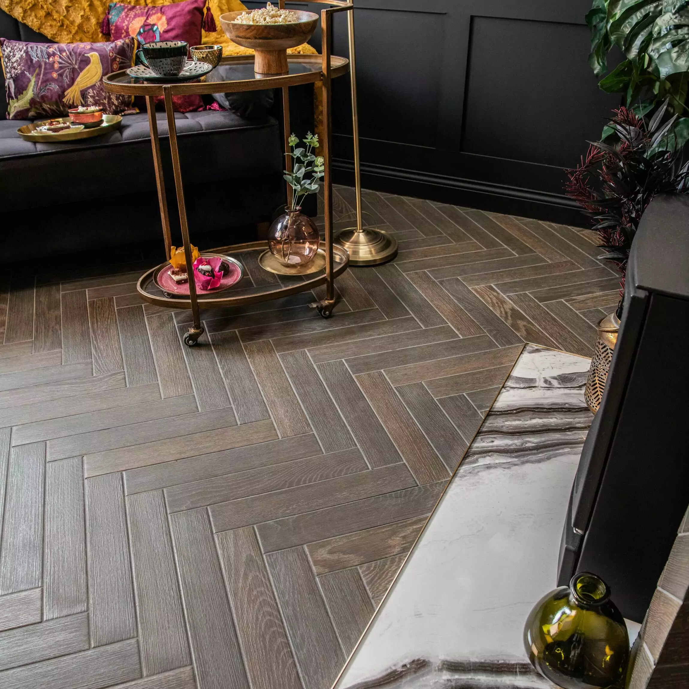 Herringbone Dark Wood Effect Porcelain Tiles - Image 2