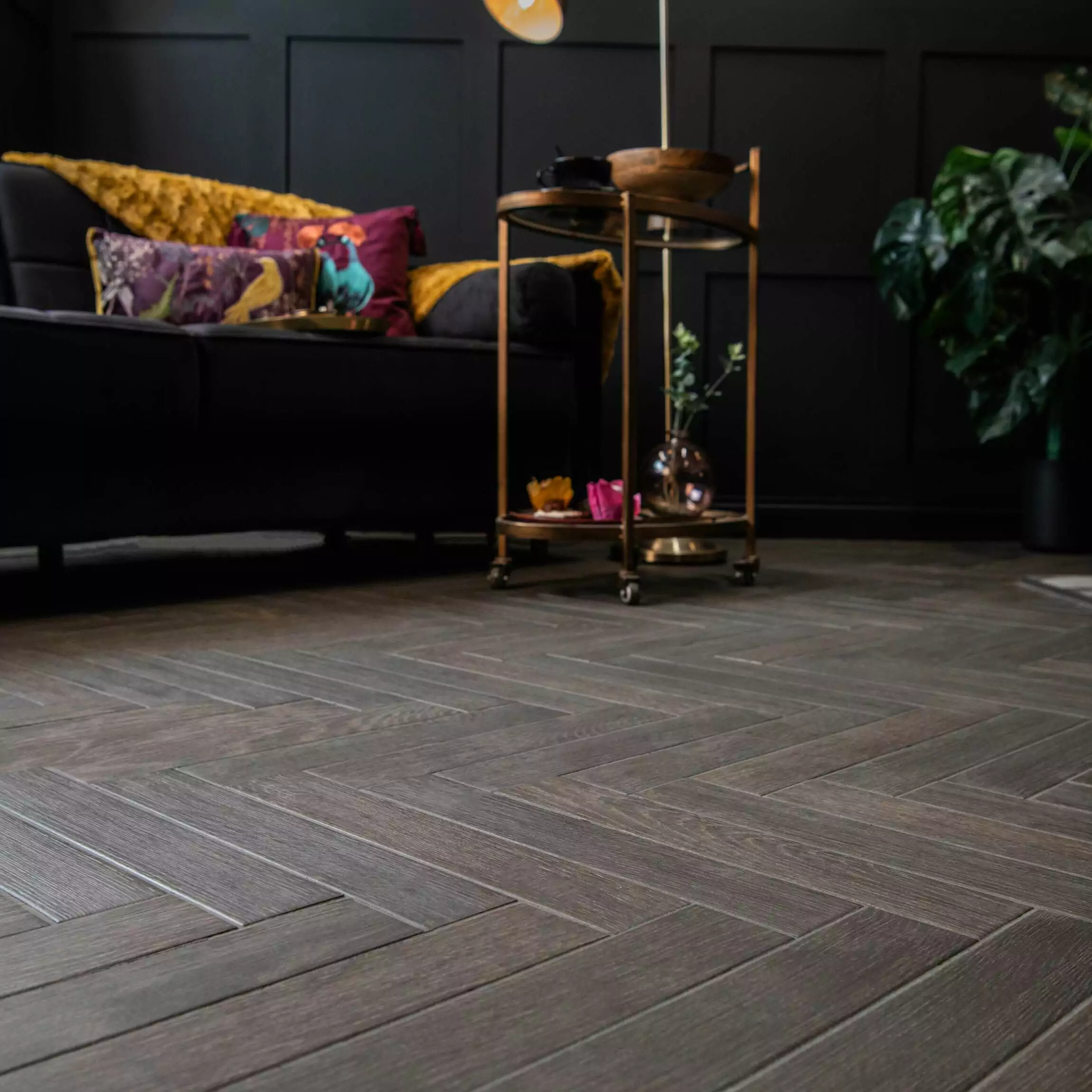 Herringbone Dark Wood Effect Porcelain Tiles - Image 4