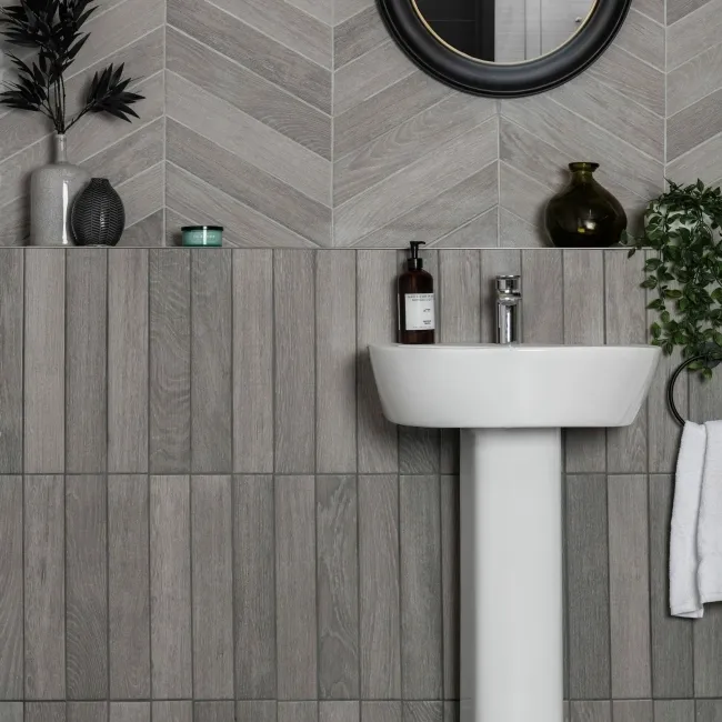 Herringbone Grey Wood Effect Porcelain Tiles - Image 3