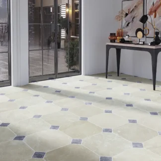 Crema Beige and ash-blue-octagon-marble-tile-tumbled-edge-406-x-406-x-10